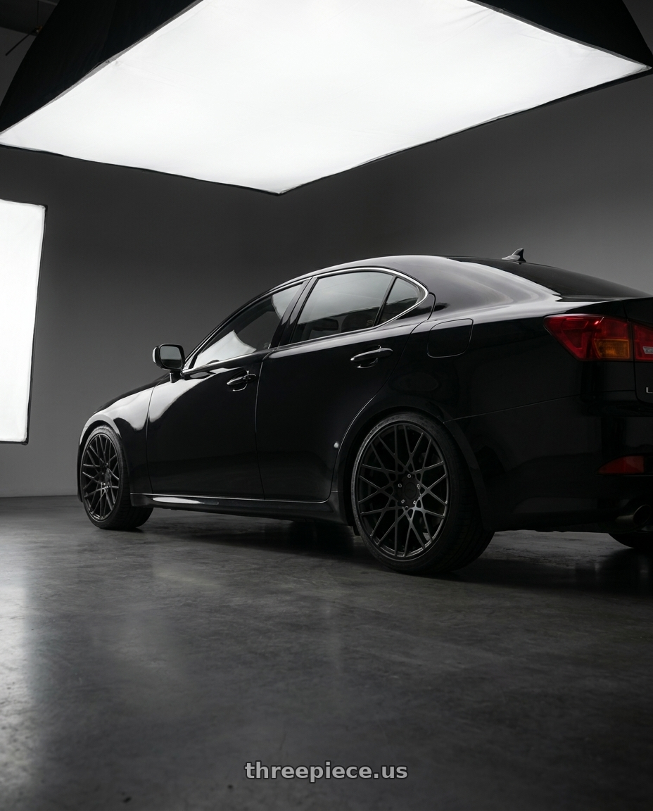 2007 lexus is250 with Rotiform 1PC R112 BLQ 5X114.3 18X8.5 +45 MATTE BLACK wheels rear three quarter view square tires