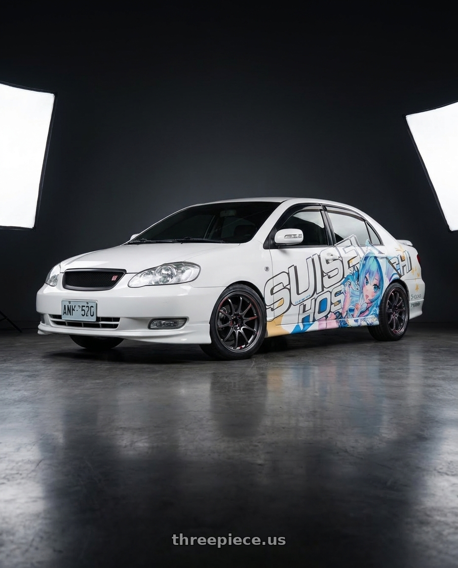 2003 Toyota Corolla with Volk Racing CE28N-PLUS SL 5x100 17x7.5+43 Pressed Graphite wheels front three quarter view lowered stance