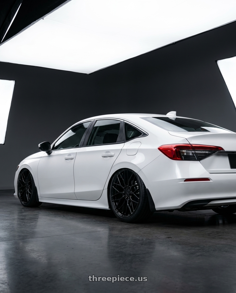 2024 Honda Civic with Avant Garde Wheels M520R 5X114.3 19x9.5 +40 Gloss Black wheels rear three quarter view slight stretch tires