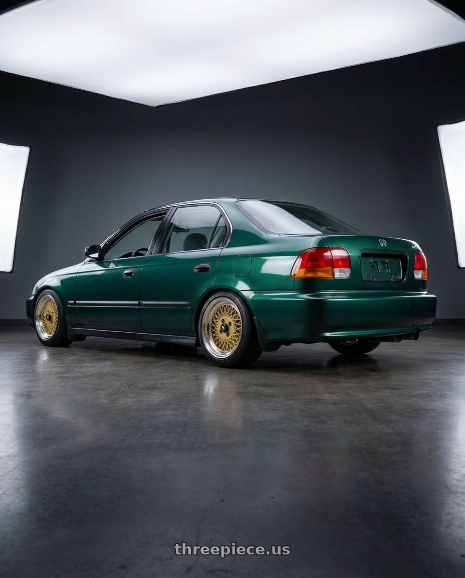1999 Honda Civic DX Sedan Clover Green with Enkei Enkei92 Classic Line 4x100 15x7+38 Gold wheels rear three quarter view square tires