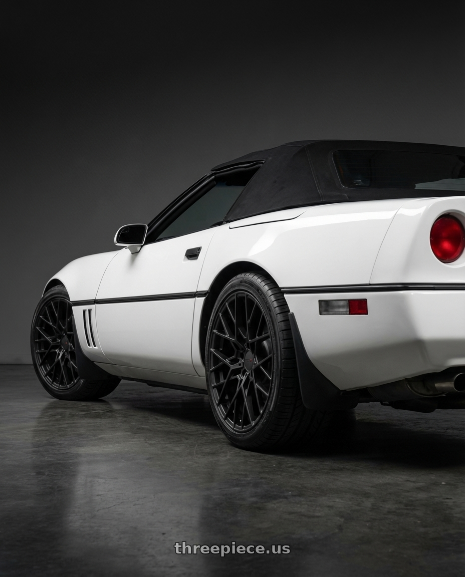 1987 Chevy corvette with TSW SEBRING 5X120 18X8.5 +20 MATTE BLACK wheels rear three quarter view square tires