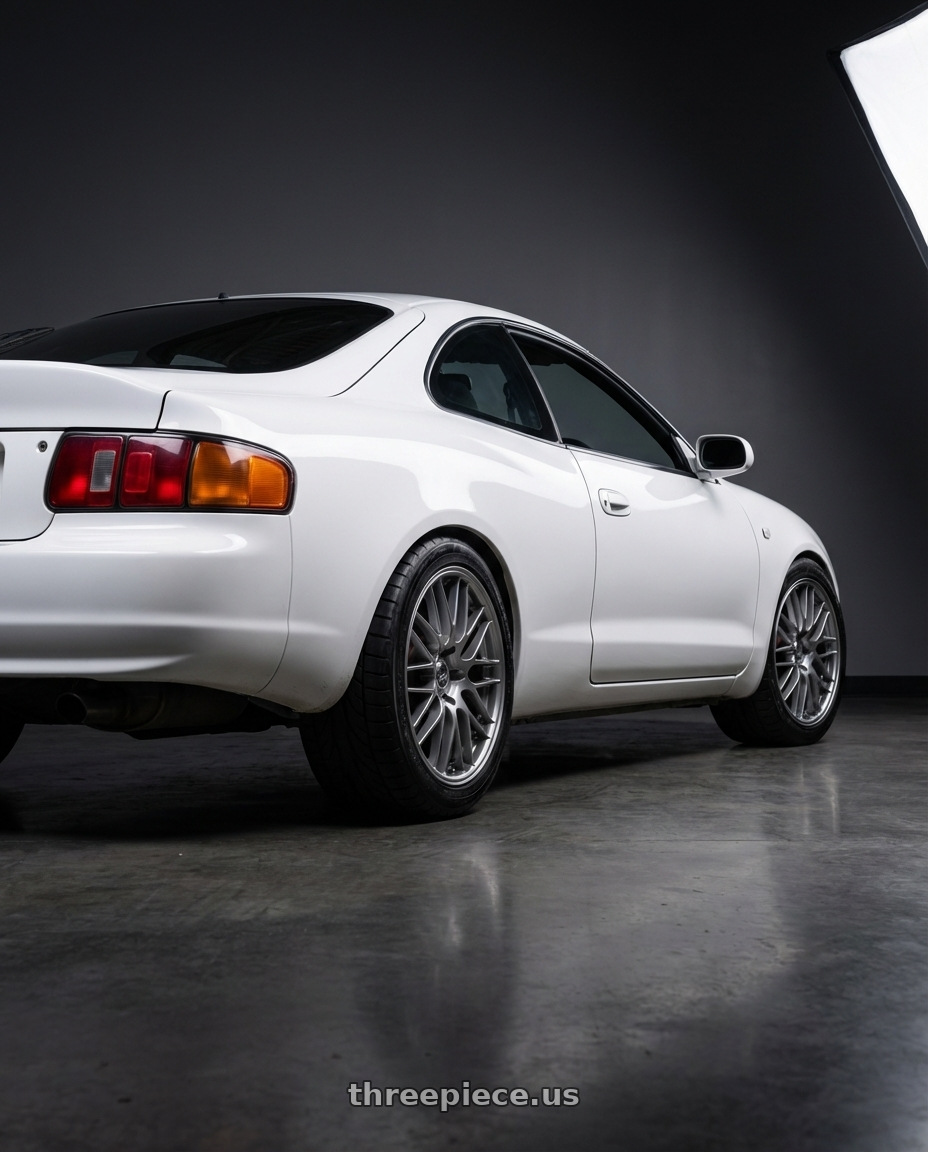 1999 Toyota Celica Sx White with Enkei EKM3 5x100 17x7+45 72.8 Hyper Silver wheels rear three quarter view meaty tires