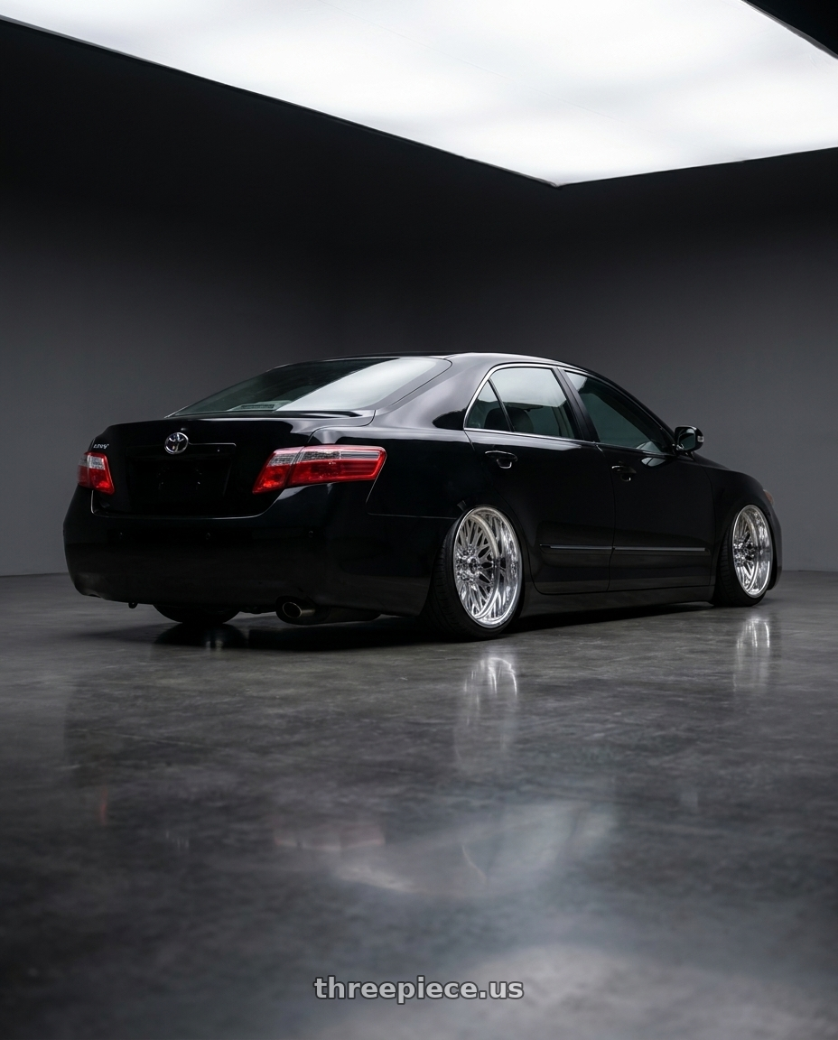 2008 Toyota Camry 2.0 E with Fuel Forged FF109 8x170 20x9 +0 POLISHED wheels rear three quarter view slight stretch tires