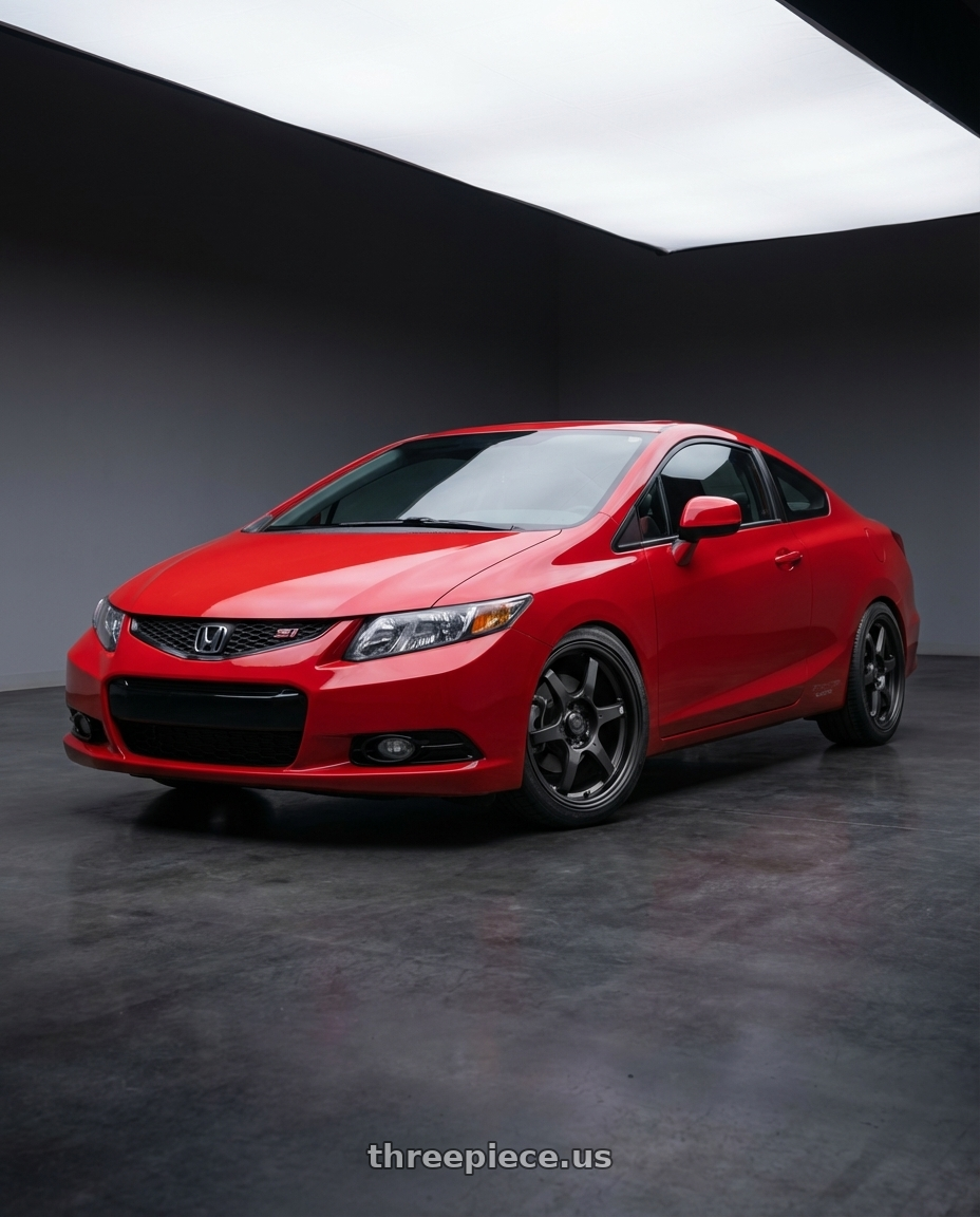 2011 Honda Civic Si with Konig Backbone 5x114.3 17x7.5+45 Matte Black Milling Logo on Spoke wheels front three quarter view lowered stance