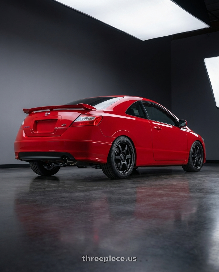 2011 Honda Civic Si with Konig Backbone 5x114.3 17x7.5+45 Matte Black Milling Logo on Spoke wheels rear three quarter view square tires