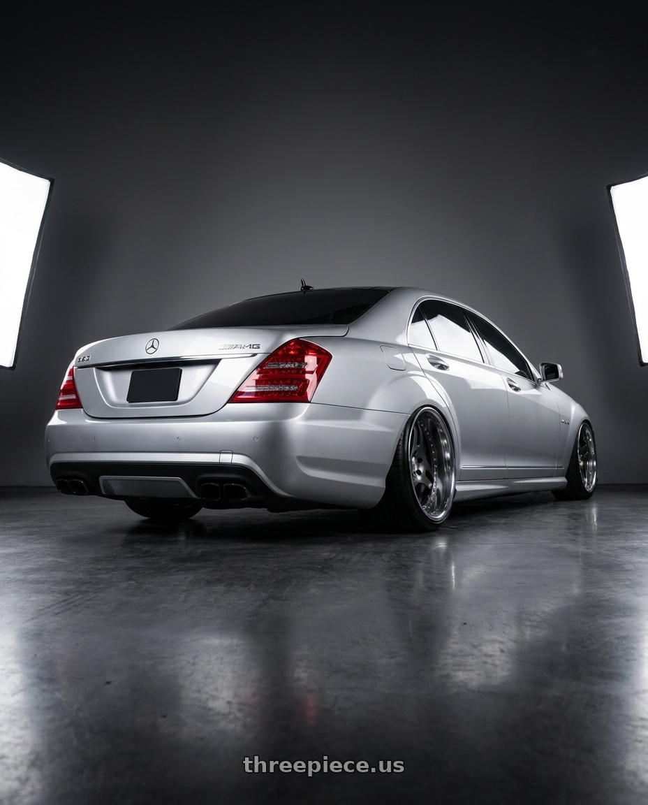 2012 Mercedes S63 AMG with Heritage Wheel TSUKUBA wheels rear three quarter view extreme stretch tires