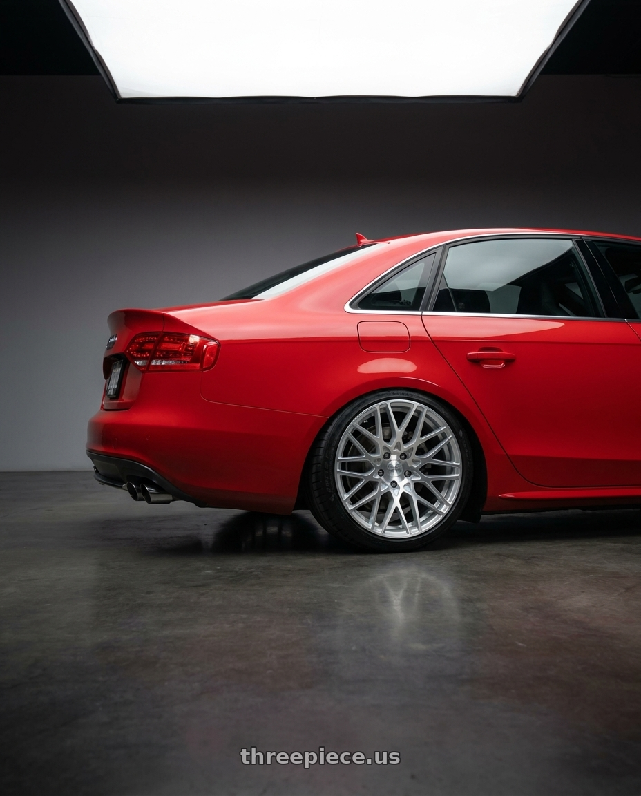 2010 Audi S4 with Rotiform 1PC R110 BLQ 5X112 18X8.5 +35 GLOSS SILVER MACHINED wheels rear three quarter view square tires