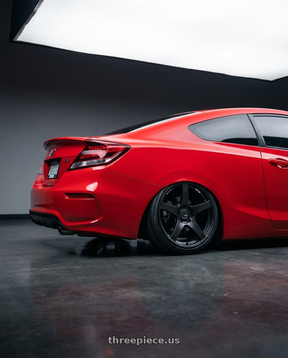 2011 Honda Civic Si with Ssr Gtv01 5x114.3 18x9+35  FLAT BLACK wheels rear three quarter view slight stretch tires