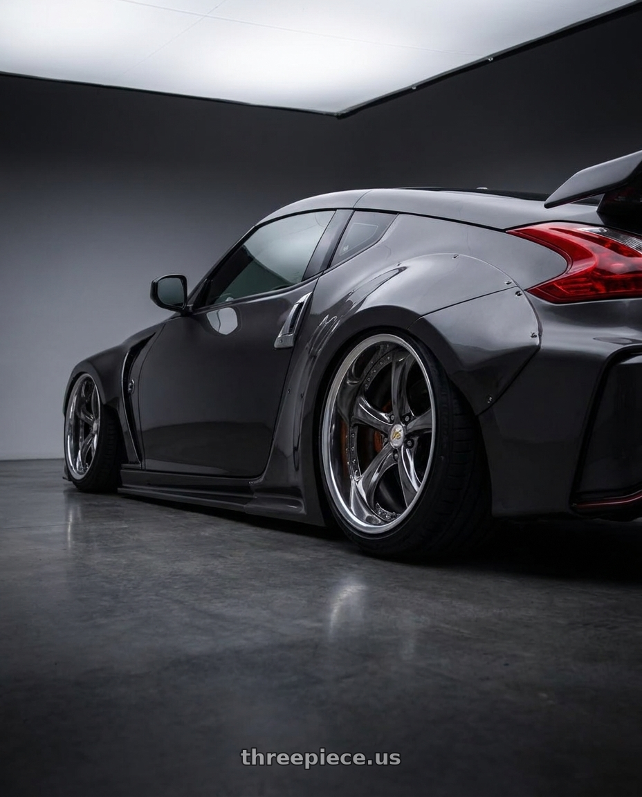 2020 Nissan 370Z with Work Wheels VS-KF 5x120 20x10.5+59 Brilliant Silver Black A Disk FULL REVERSE wheels rear three quarter view slight stretch tires