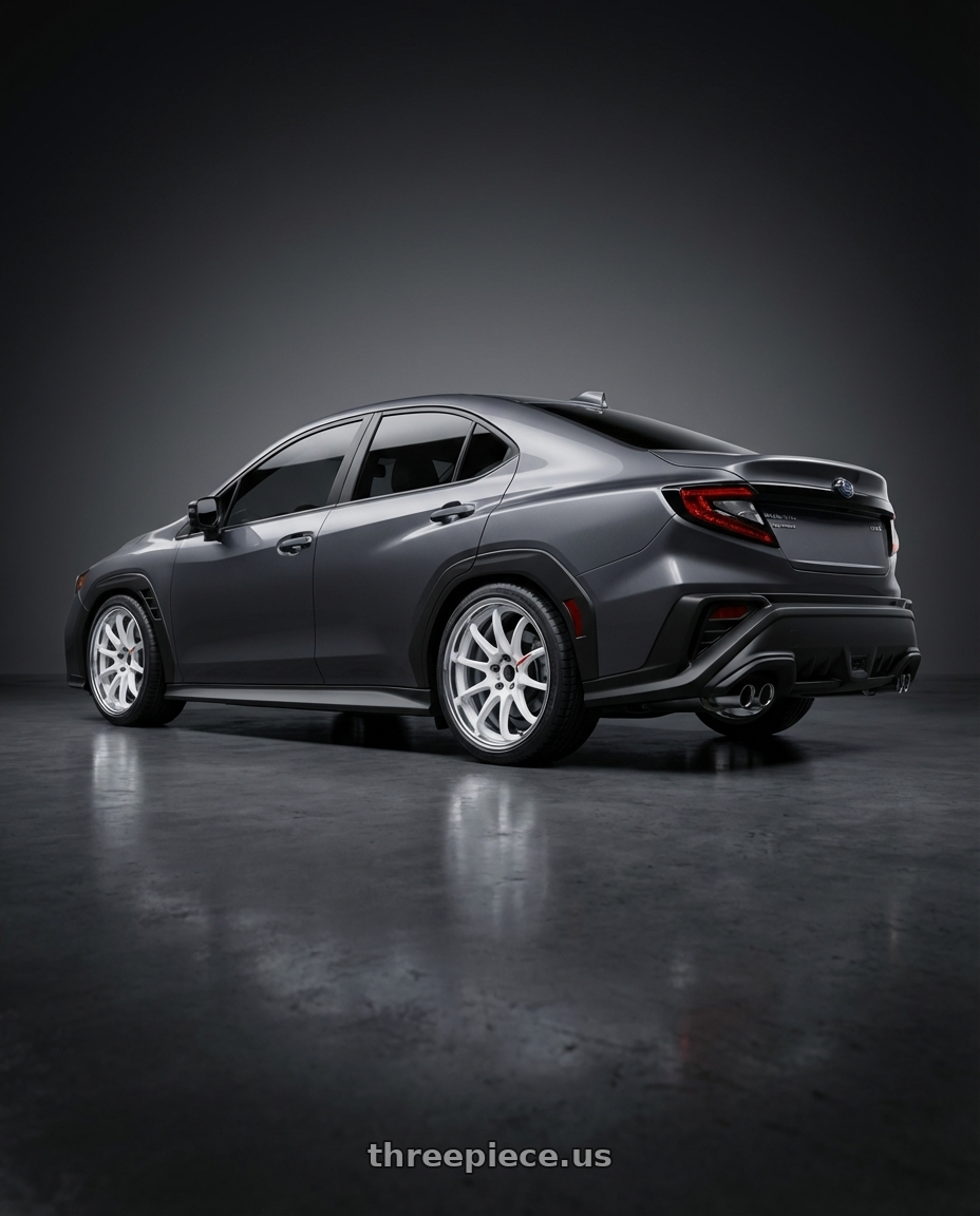 2022 Subaru Wrx Magnetite Grey Metallic  with Work Zr10 2P 5x100 18x10.0 +38 Azure White wheels rear three quarter view square tires