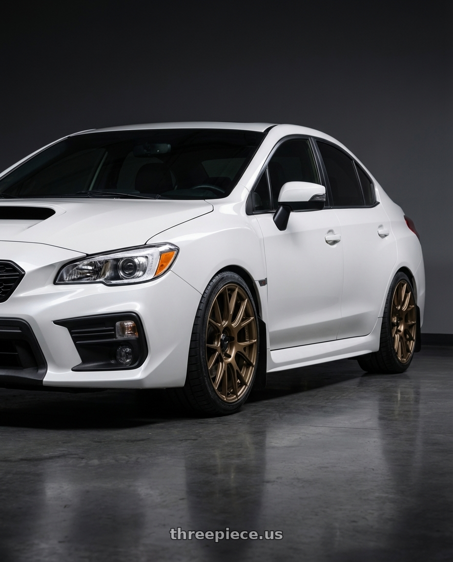 2017 Subaru WRX Limited, Crystal Pearl White with Konig Ampliform 5x114.3 18x9.5+35 Gloss Bronze wheels front three quarter view lowered stance