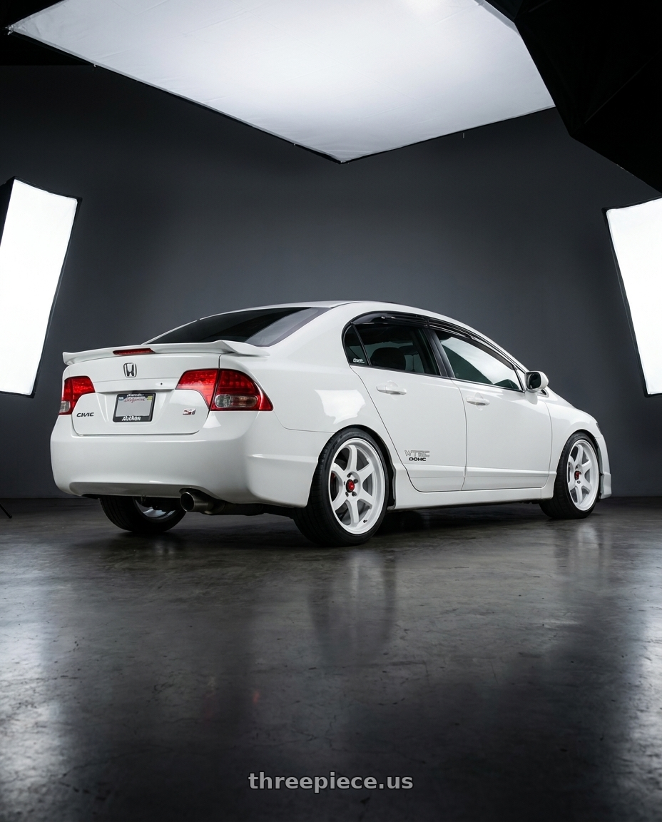 2008 Honda Civic SI with Aodhan AH08 5x114.3 18x8.5+35 Gloss White wheels rear three quarter view square tires
