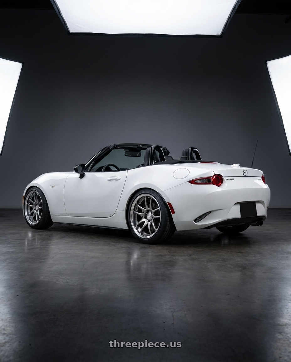 2016 Mazda Miata with Work Cr 2P 4x100 17x8.0 +38 GT Silver wheels rear three quarter view slight stretch tires