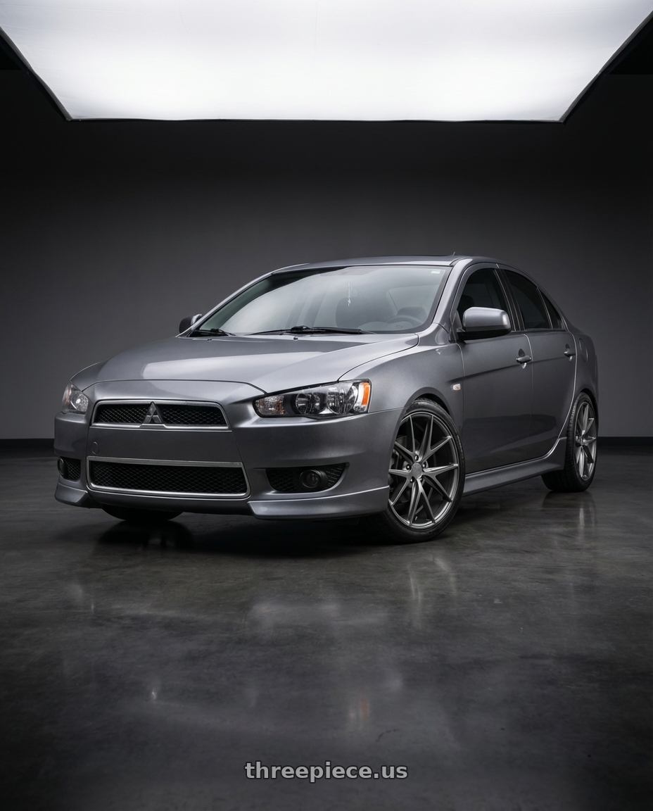 2014 Mitsubishi Lancer Ralliart with Niche 1PC M116 MISANO 5X114.3 18X9.5 +40 MATTE GUN METAL wheels front three quarter view lowered stance