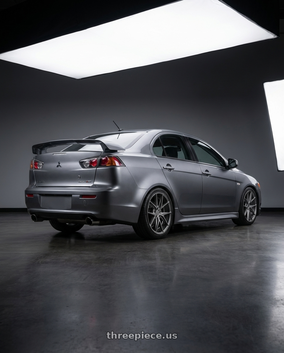 2014 Mitsubishi Lancer Ralliart with Niche 1PC M116 MISANO 5X114.3 18X9.5 +40 MATTE GUN METAL wheels rear three quarter view square tires