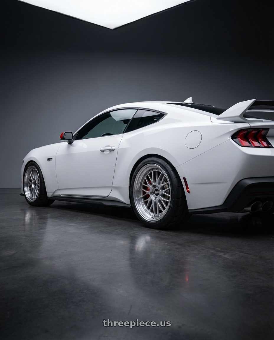 2025 Ford Mustang GTD with BBS LM 5x114.3 20x10.0+38 Diamond Silver wheels rear three quarter view meaty tires