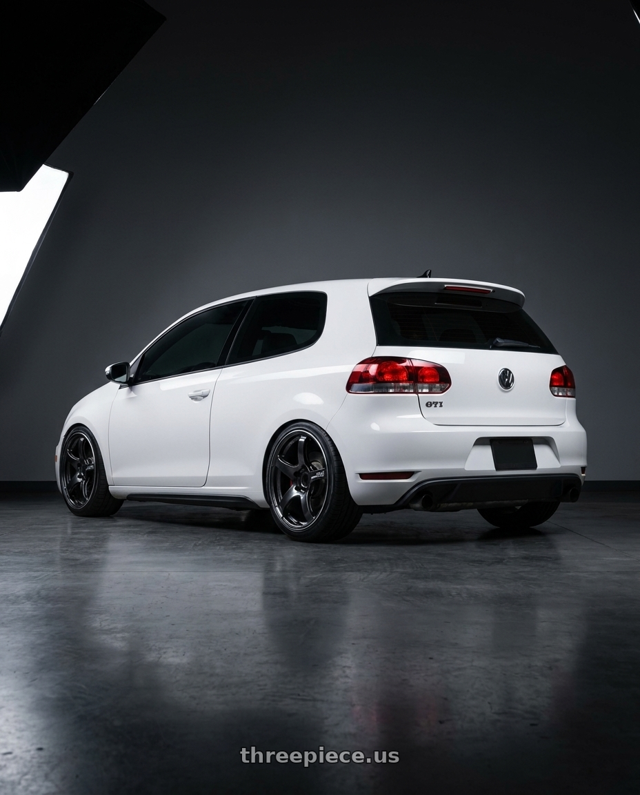 2012 VW GTI with Advan Racing TC4 5x112 18x9.0 +25 BLACK GUNMETALLIC & RING wheels rear three quarter view slight stretch tires
