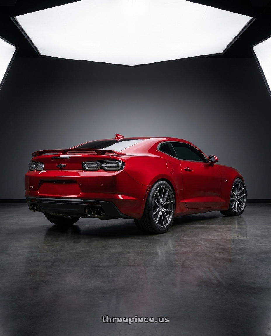2023 Chevrolet Camaro SS 1LE with TOUREN TR94 3294 5x120 20x9 +35 GLOSS GRAPHITE BRUSHED WITH DARK wheels rear three quarter view meaty tires