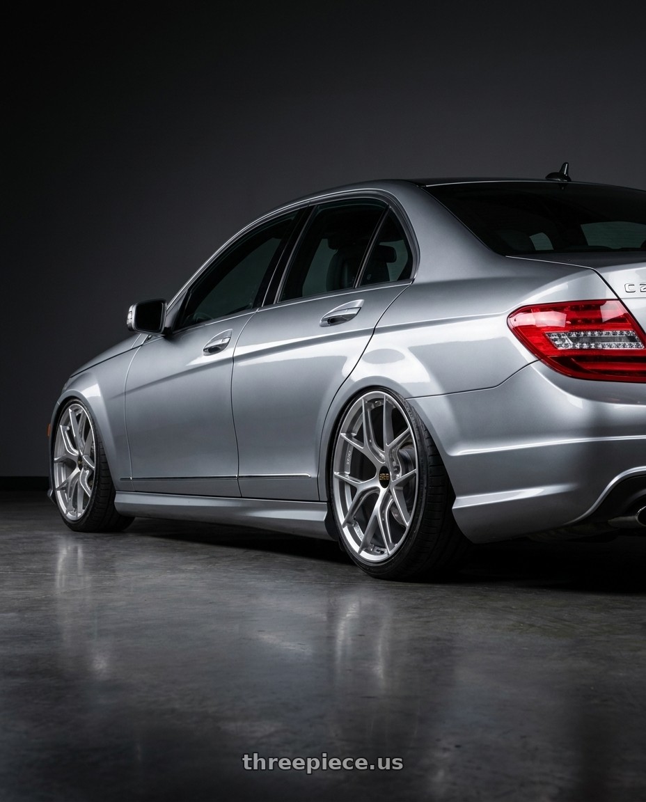 2012 Benz c250 with BBS FI-R 5x120 19x10.5 +35 Silver wheels rear three quarter view slight stretch tires