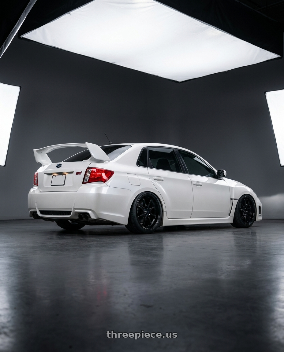 2011 sti subaru sedan  with Work Emotion D9r 5x114.3 19x8.5 +38 Black wheels rear three quarter view square tires