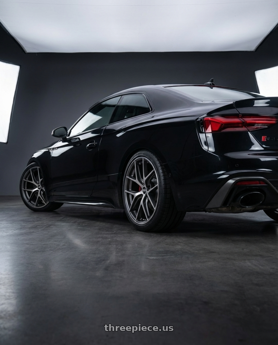 2022 Audi RS5 with BBS CC-R 5x112 20x8.0+27 Graphite w/ Diamond Cut Face wheels rear three quarter view square tires