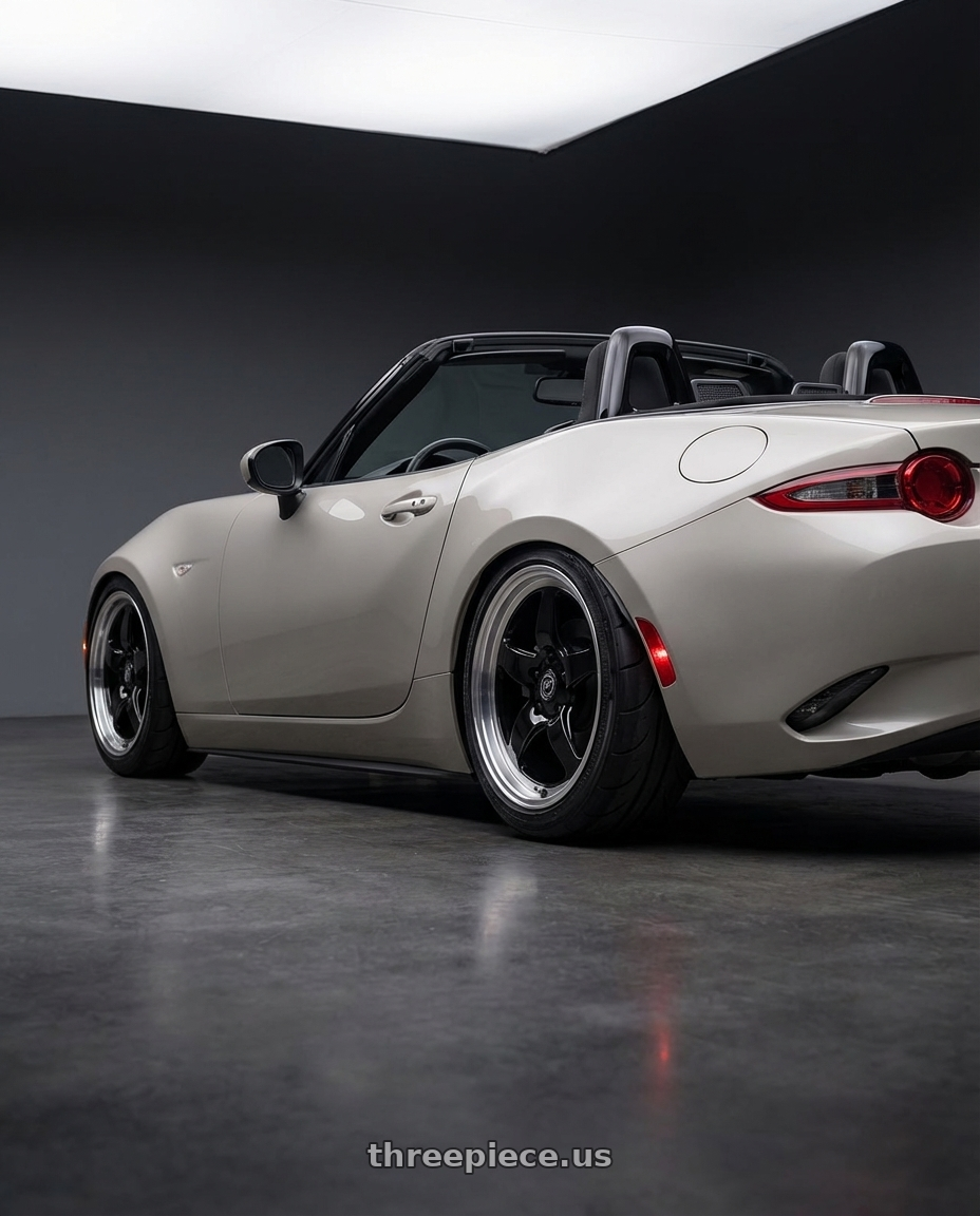 2021 Mazda MX-5 Miata ND with Forgestar D5 Drag 5x114.3 17x10 +50 Gloss Black Machined wheels rear three quarter view slight stretch tires