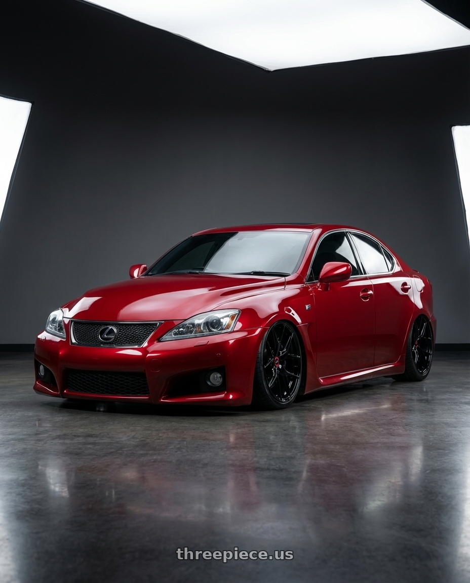 2012 Lexus IS-F with Vossen HF-5 19x8.5 / 5x114.3 / ET32 / Flat Face / 73.1 - Gloss Black Wheel - HF5-9N60 wheels front three quarter view stanced stance