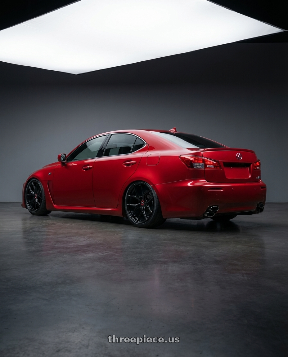 2012 Lexus IS-F with Vossen HF-5 19x8.5 / 5x114.3 / ET32 / Flat Face / 73.1 - Gloss Black Wheel - HF5-9N60 wheels rear three quarter view slight stretch tires