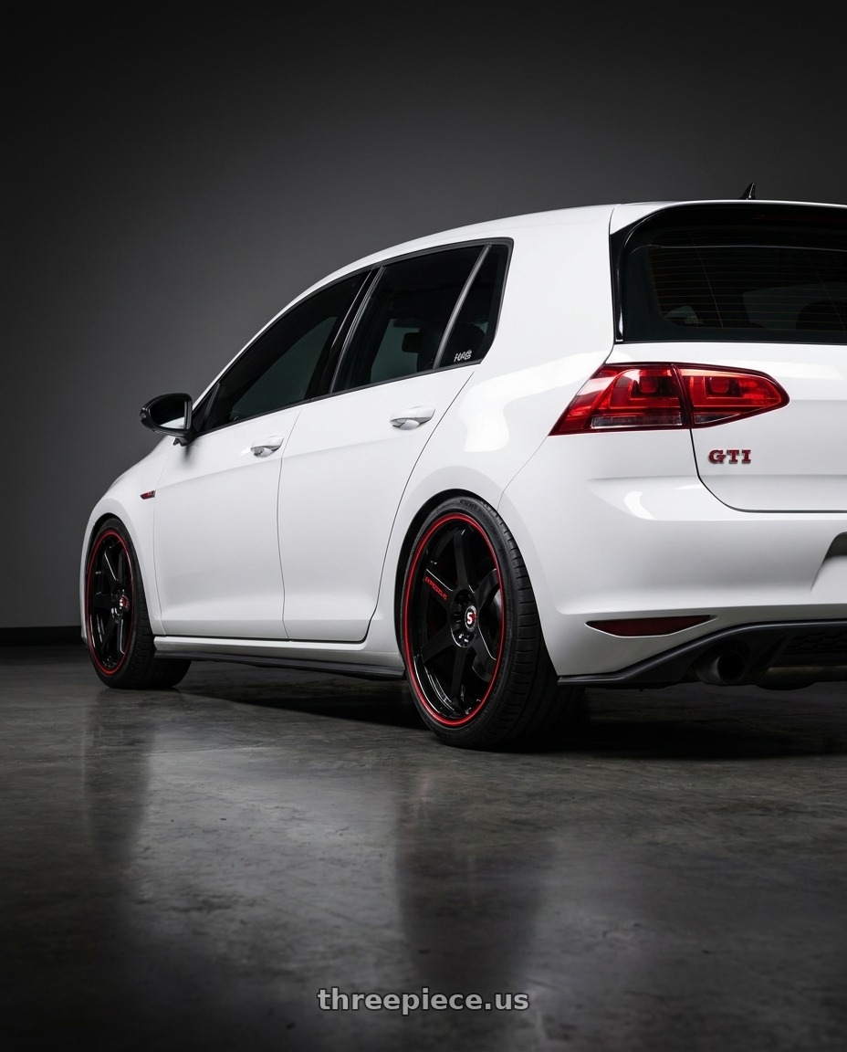 2017 Volkswagen gti with Spec-1 SPT-33 blank 4x/5x 17x9 +42 Gloss Black & Red Line wheels rear three quarter view square tires