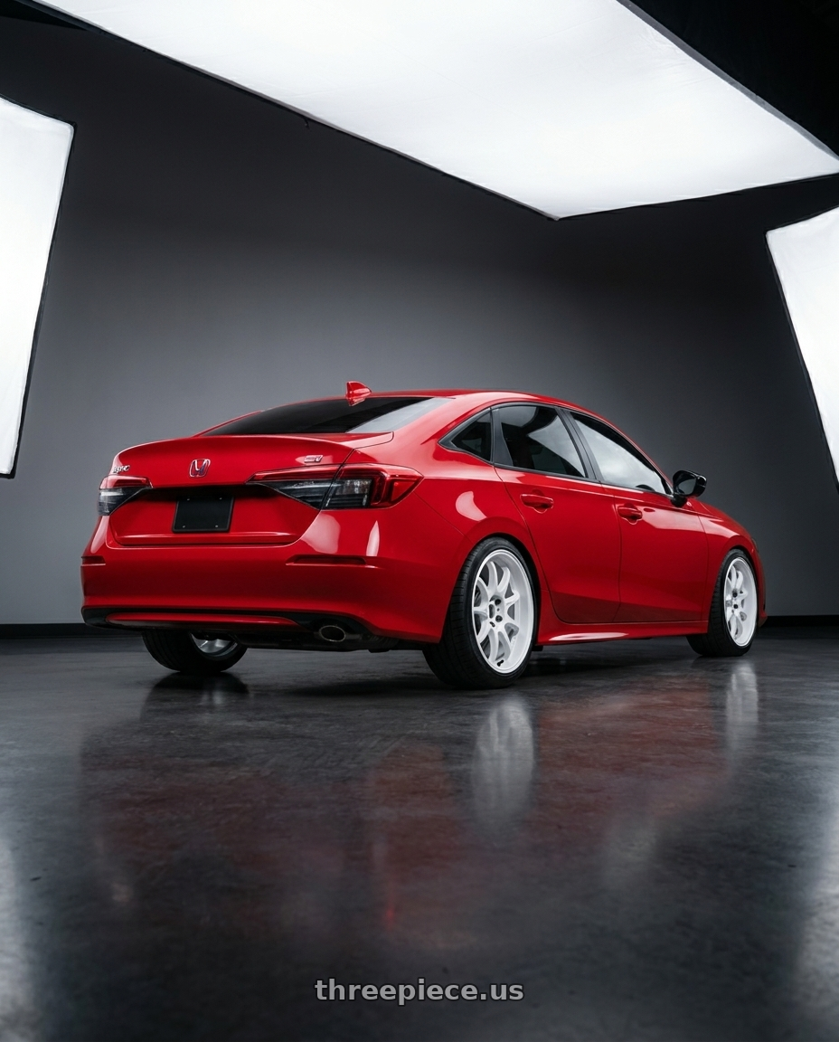2026 Honda Civic Si with Work Emotion D9r 5x114.3 18x8.5 +38 White wheels rear three quarter view square tires