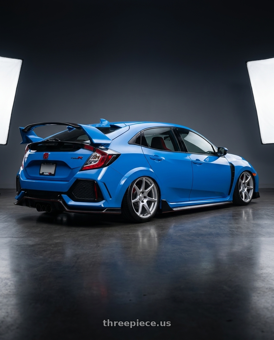 2020 Honda Civic Type R with Kansei K11S Tandem 5X120 19x9.5 22 Hyper Silver wheels rear three quarter view slight stretch tires