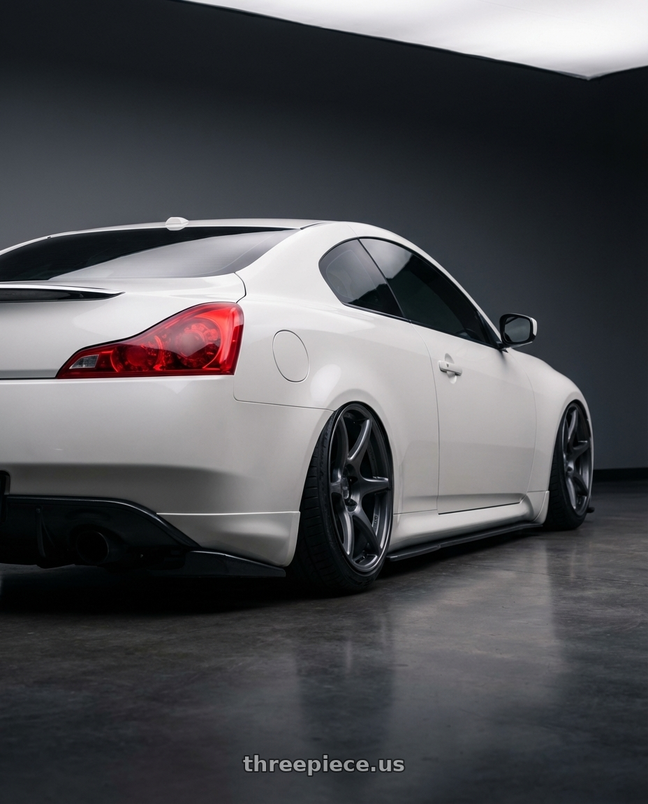 2014 Infiniti G37 Coupe with Kansei K11G Tandem 5x114.3 19x9.5 22 Gunmetal wheels rear three quarter view slight stretch tires