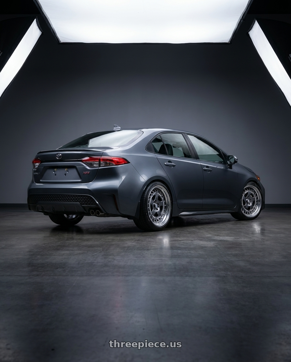 2023 Toyota Corolla xse with FORMULA AERO SPOKE 5X100 18X8.5+35 MD Disk Titan Silver wheels rear three quarter view slight stretch tires