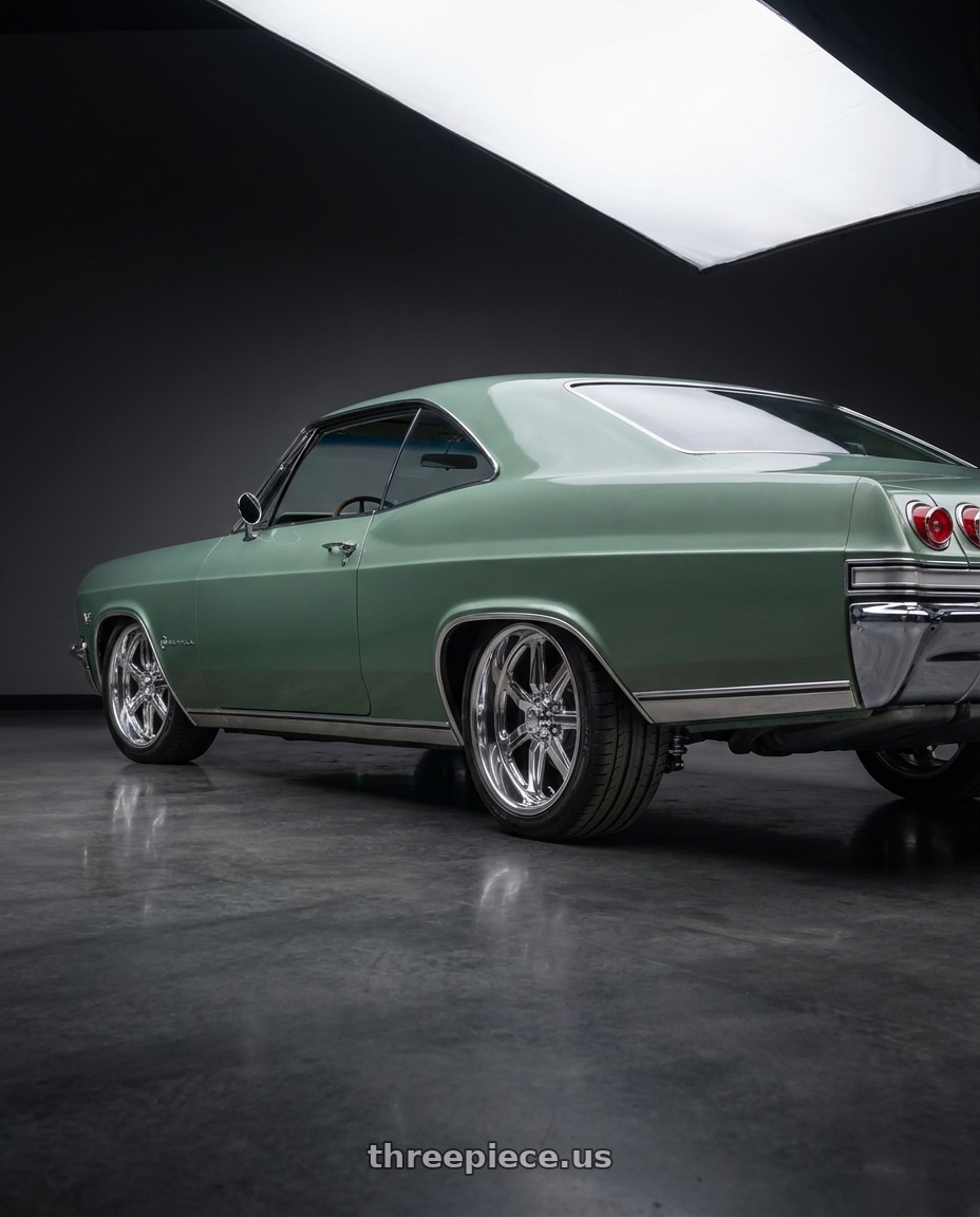 1965 Chevy Impala with US Mag 1PC U110 RAMBLER 5X120.65 20X8 +1 CHROME PLATED wheels rear three quarter view square tires