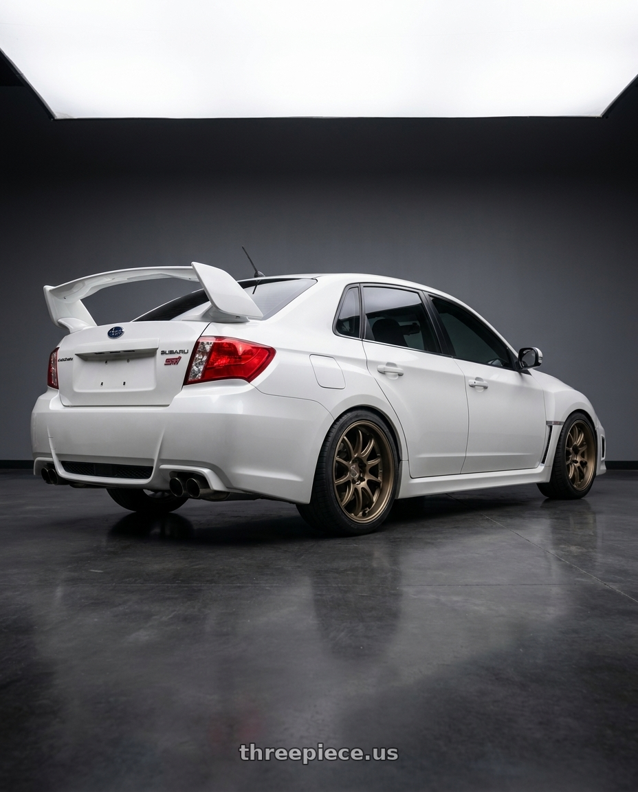 2011 sti sedan  with Work Emotion D9r 5x114.3 19x8.5 +38 Matte Bronze wheels rear three quarter view square tires
