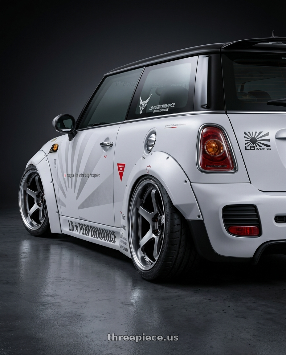 2009 Mini cooper  with Advan Racing GT BEYOND 5x114.3 17x8.0 +45 MACHINING & HYPER PLATINUM BLACK wheels rear three quarter view slight stretch tires
