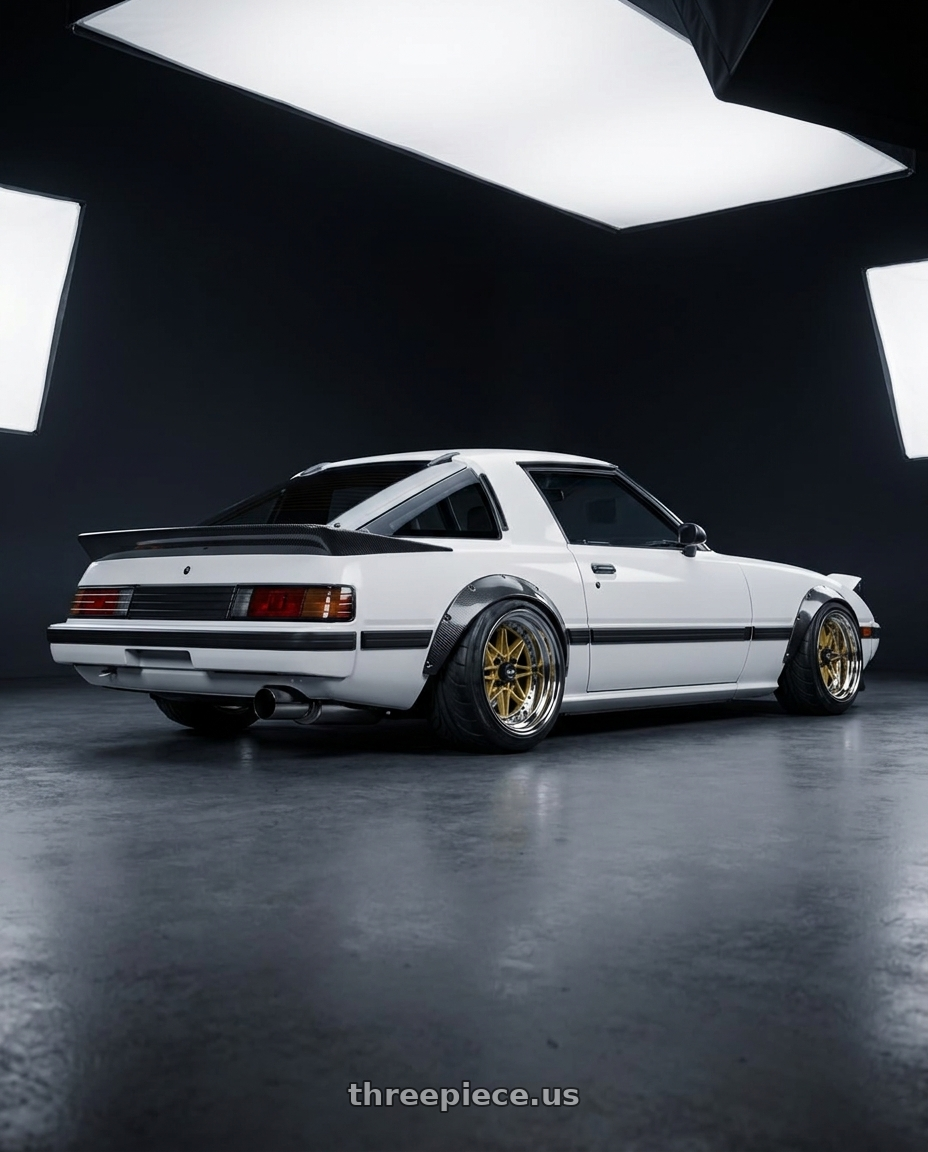 1982 Mazda RX7 with WORK Equip 03 4x100 15x13 -16 GOLD wheels rear three quarter view extreme stretch tires