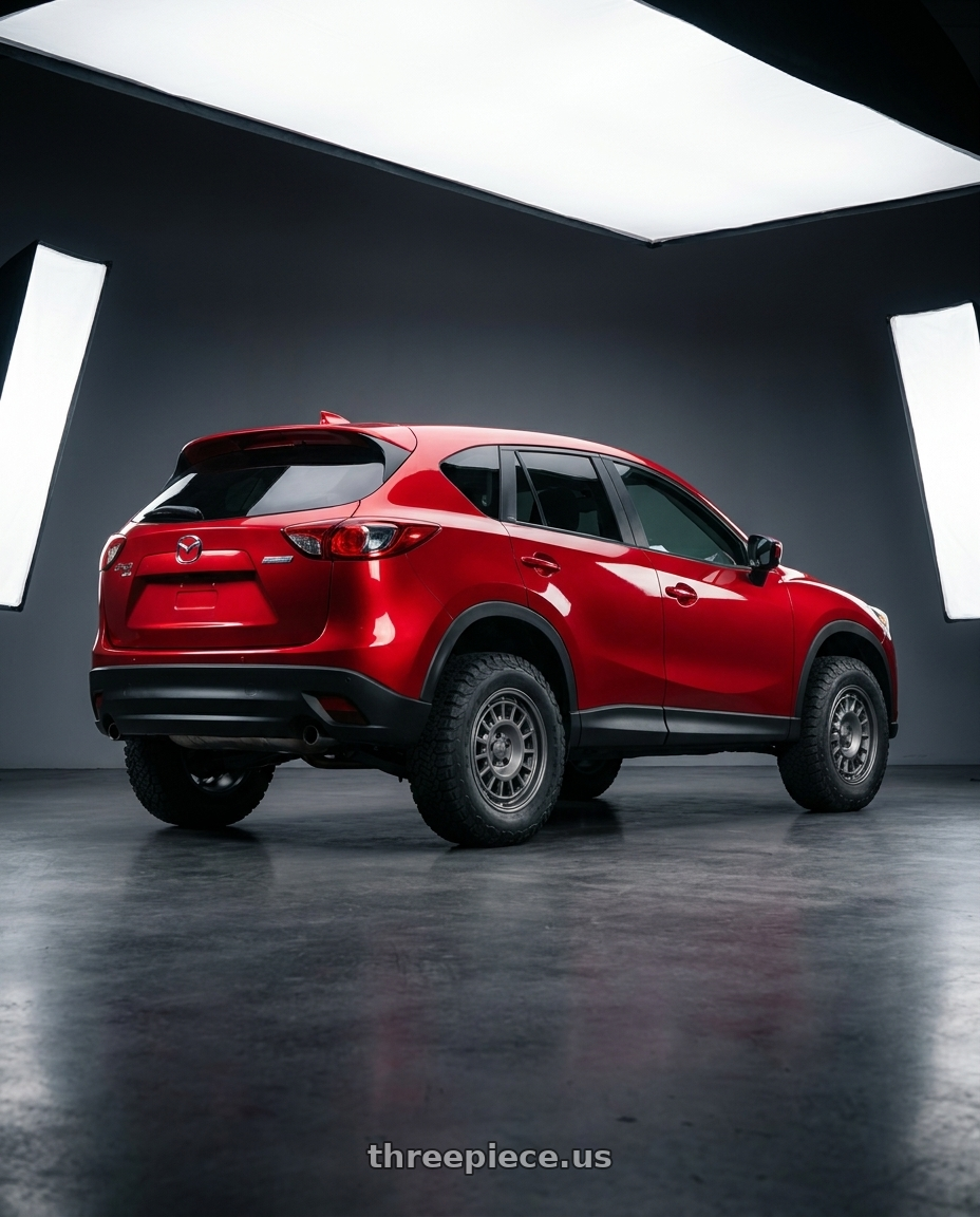 2017 Mazda cx5 with fifteen52 ALPEN MX 5x114.3 17x8 +38 FROSTED GRAPHITE (SATIN GREY) wheels rear three quarter view meaty tires