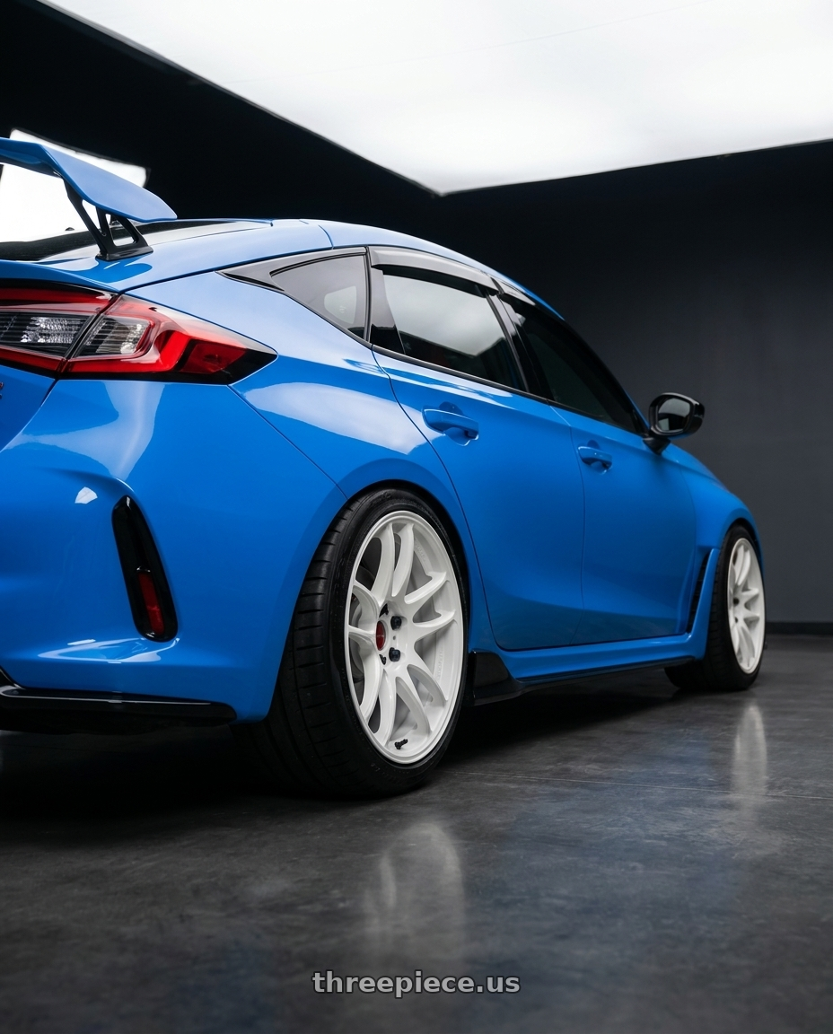 2024 Honda Civic Type R with Work Emotion Cr Kiwami 5x120 18x9.5 +38 White wheels rear three quarter view meaty tires