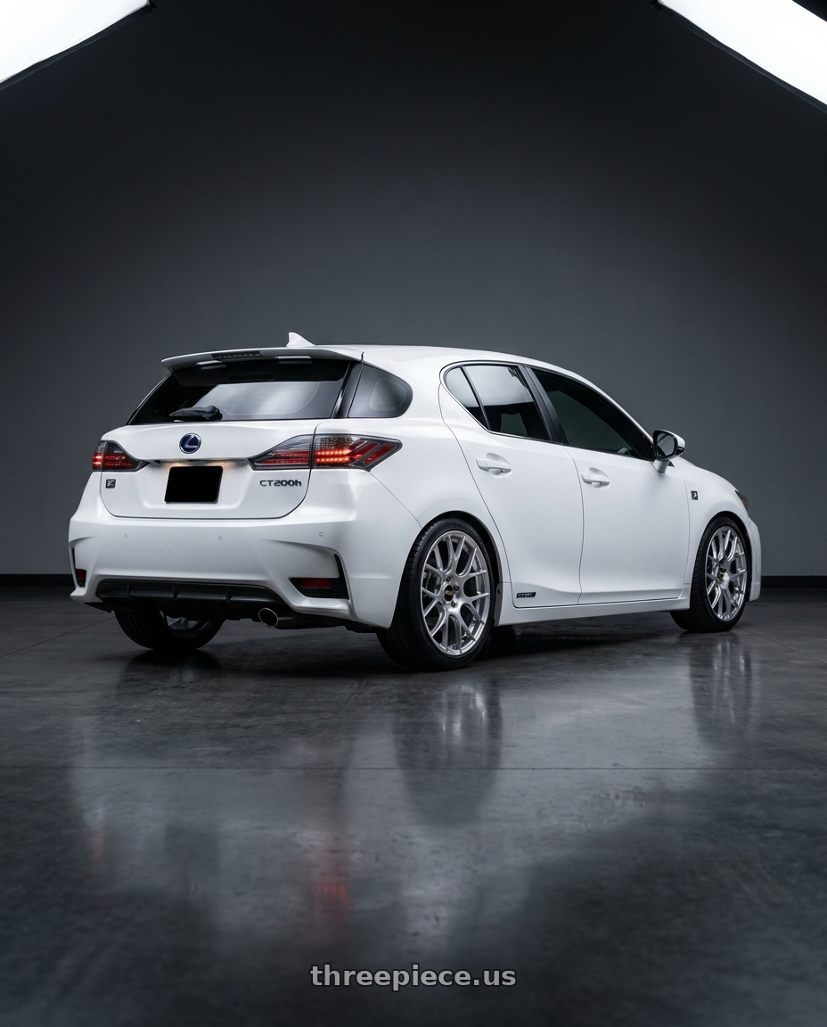 2015 Lexus CT200h F sport with BBS RE-V7 5x100 18x8 +45 Diamond Silver wheels rear three quarter view square tires