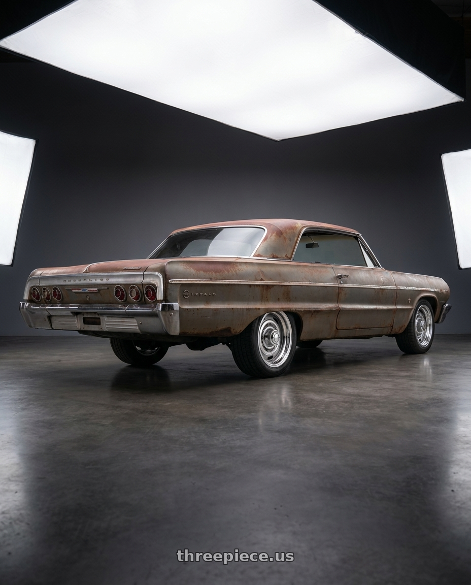 1964 chevy impala with Vision American-Muscle 55 Rally 5x120.65 15x4+0 Silver wheels rear three quarter view square tires