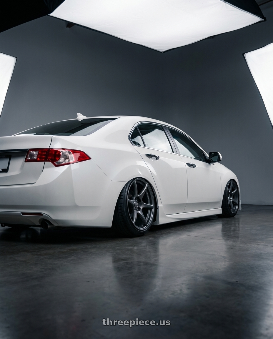 2013 Acura TSX with Kansei K11G Tandem 5x114.3 19x10.5 12 Gunmetal wheels rear three quarter view slight stretch tires