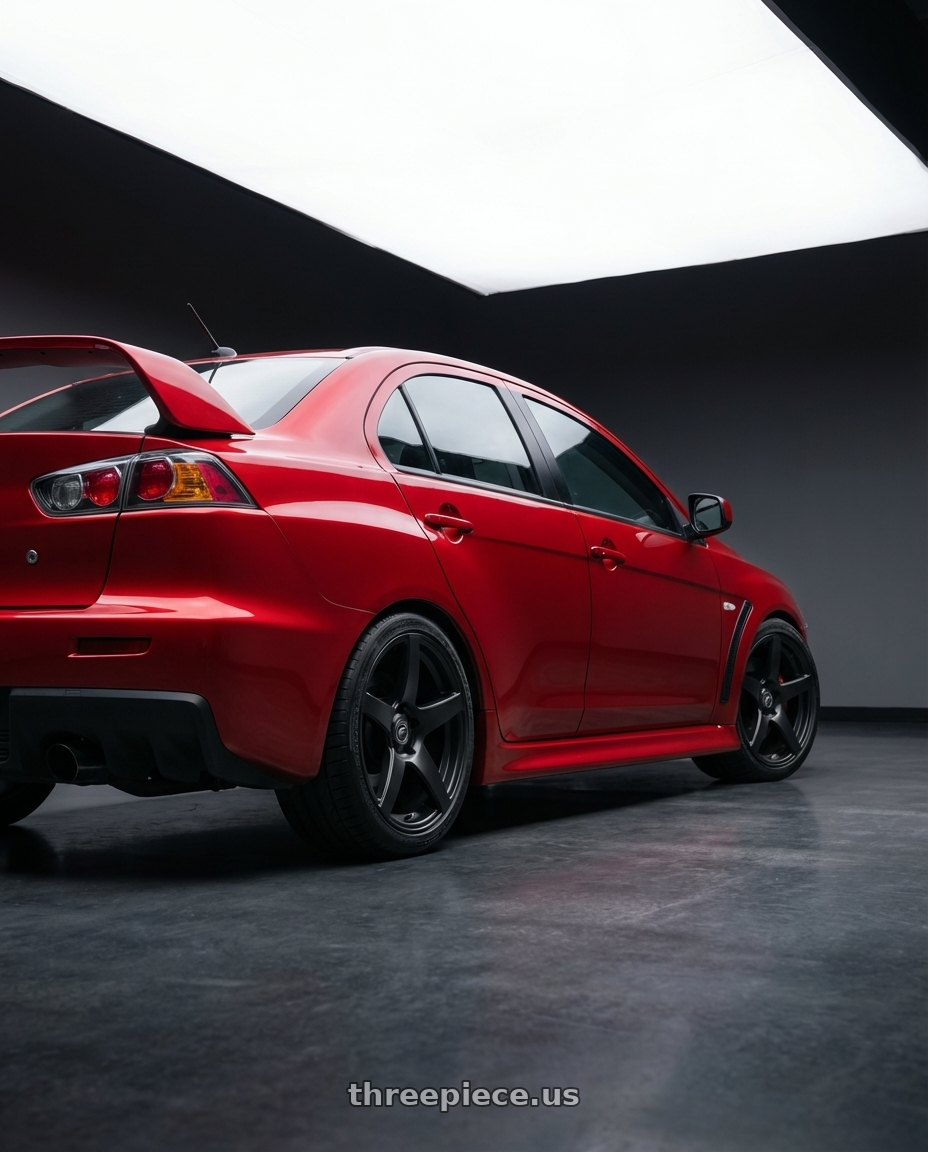 2012 Mitsubishi Lancer Evo X with Forgestar CF5 5x114.3 18x9 +35 Satin Black wheels rear three quarter view square tires