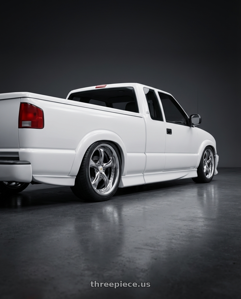 2001 chevy s10 with Work Wheels VS-KF 5X114.3 19x7.5-11 Brilliant Silver Black R Disk FULL REVERSE wheels rear three quarter view square tires