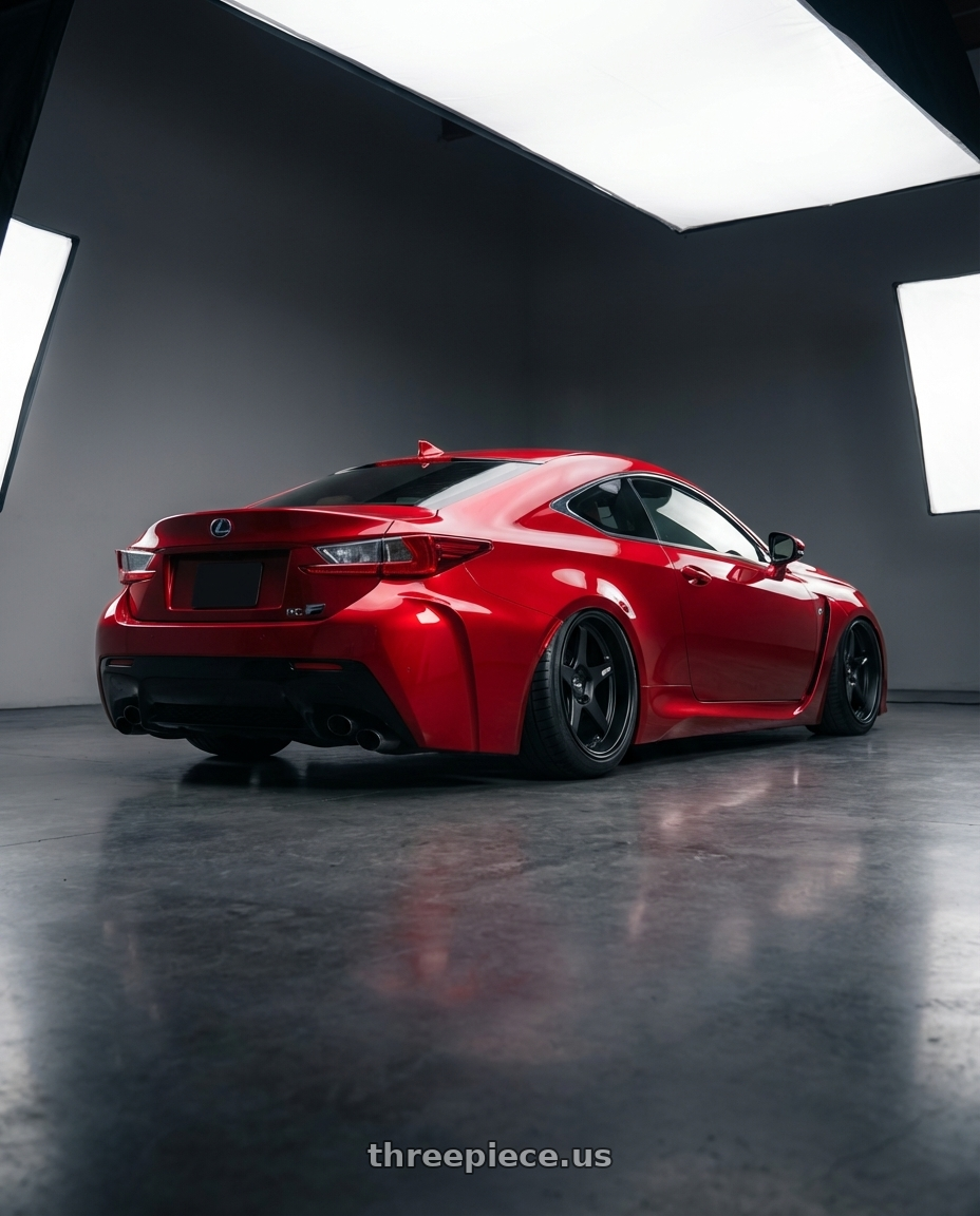 2018 Lexus RC F with ESR Wheels APEX SERIES AP5 5x114.3 19x9.5 +22 Matte Black wheels rear three quarter view slight stretch tires