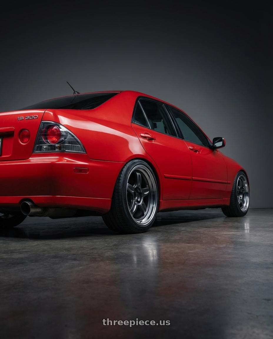 2001 Lexus IS 300 with Volk Racing 21C 5x114.3 18x8.5 +35 DARK GUNMETAL / RIM DC wheels rear three quarter view meaty tires