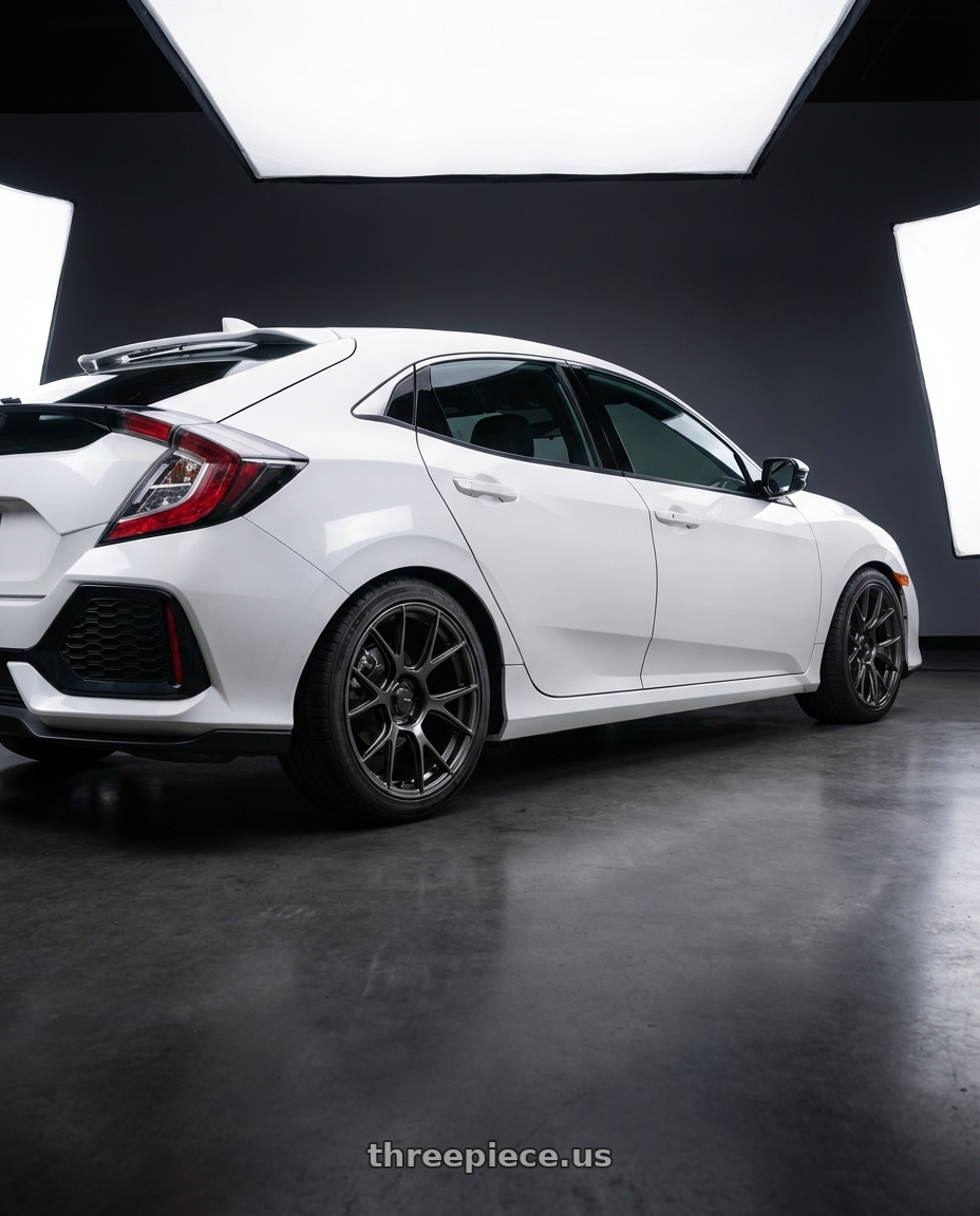 2019 Honda Civic with Konig Ampliform 5x114.3 18x8.5+35 Dark Metallic Graphite wheels rear three quarter view square tires