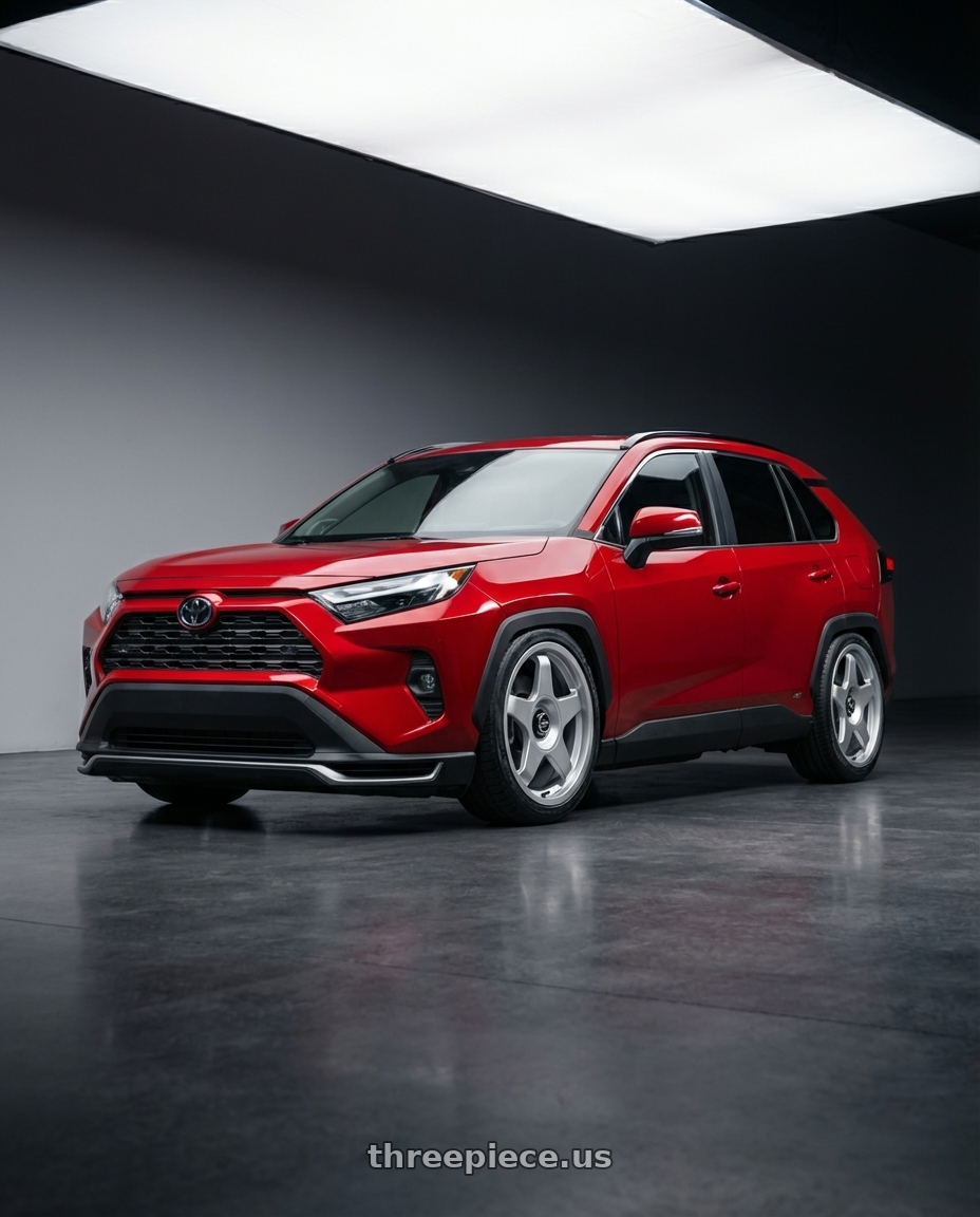 2022 Toyota RAV4, Red with fifteen52 CHICANE 5x114.3 / 5x100 18x8.5 +35 SPEED SILVER (GLOSS SILVER) wheels front three quarter view lowered stance