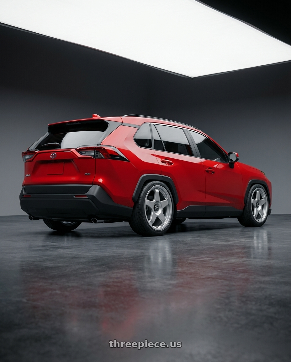 2022 Toyota RAV4, Red with fifteen52 CHICANE 5x114.3 / 5x100 18x8.5 +35 SPEED SILVER (GLOSS SILVER) wheels rear three quarter view slight stretch tires