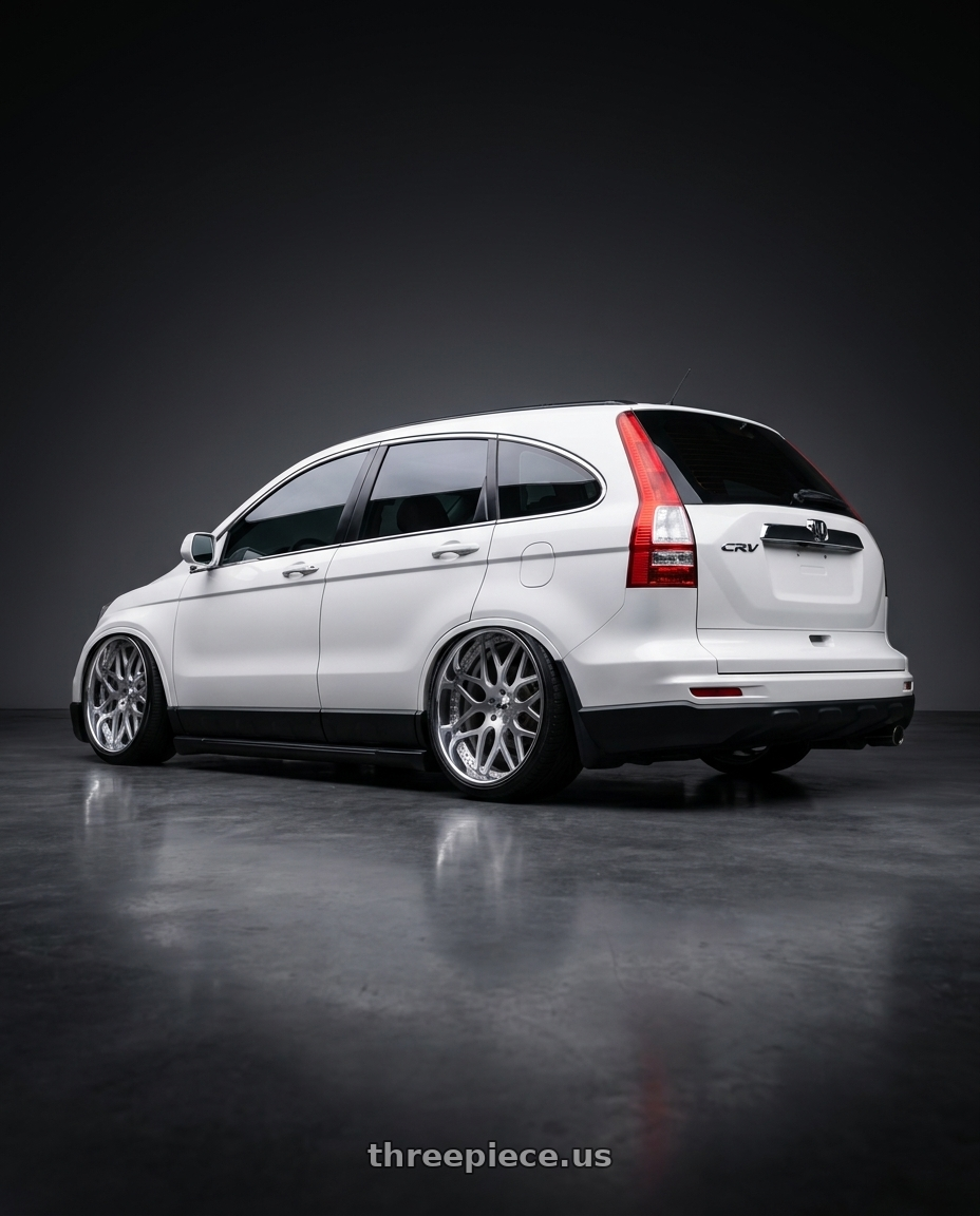 2009 HONDA CRV3 with Amani Allora 5x112/5x120 22x9 +32 Brush Center Chrome Lip wheels rear three quarter view extreme stretch tires